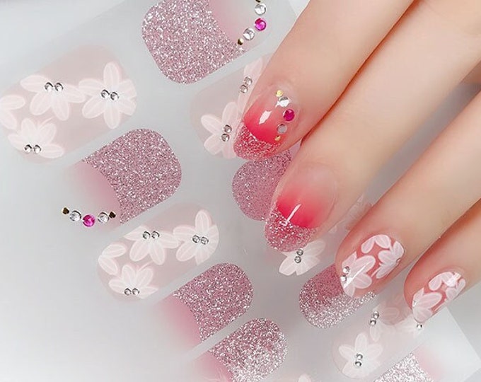 Pastel Cherry Blossom Nail Wraps / Pink Flower Floral Nail Polish Strips / Ombre Overlay 3D Glitter Nail Stickers / Transparent Spring Nails