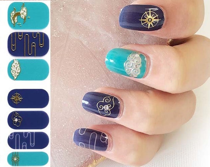 Blue Stars and Moon Nail Wraps / Navy Turquoise Boho Nail Polish Strips / Gold Stripe Nail Stickers / Exotic Starburst Zodiac Cosmos Nails