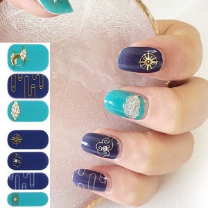 Blue Stars and Moon Nail Wraps / Navy Turquoise Boho Nail Polish Strips / Gold Stripe Nail Stickers / Exotic Starburst Zodiac Cosmos Nails