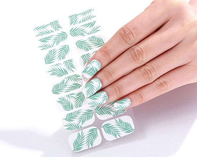 Summer Palm Tree Nail Wraps / Green & White Nail Polish Strips / Tropical Leaf Beach Stickers / Solid Boho Women Nail Wraps / Ocean Nails