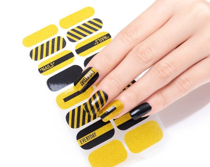 Yellow & Black Glitter Nail Wraps / Abstract Stripe Nail Polish Strips / Modern Solid Nail Stickers / Boho Summer Beach Line Women Nail Wrap