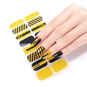 Yellow & Black Glitter Nail Wraps / Abstract Stripe Nail Polish Strips / Modern Solid Nail Stickers / Boho Summer Beach Line Women Nail Wrap