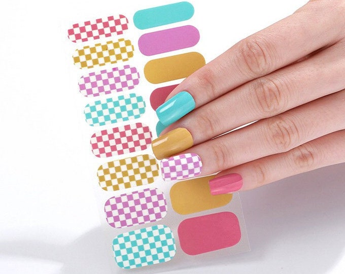 Colorful Checkered Nail Wraps / Spring Pastel Check Nail Strips / Checkerboard Polish Stickers / Solid Plaid Nail Nail Wraps Free Shipping