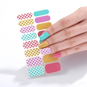 Colorful Checkered Nail Wraps / Spring Pastel Check Nail Strips / Checkerboard Polish Stickers / Solid Plaid Nail Nail Wraps Free Shipping