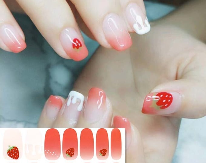 Cute Strawberry Nail Wraps / Red Ombre Fruit Nail Polish Strips / Spring Summer Fruity Nail Stickers / Strawberries Field Juicy Nail Wraps