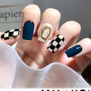 Checkered Nail Wraps / Black Beige Navy Nail Polish Strips / Silver Glitter Nail Stickers / Boho Speed Race Checker Nail Wraps Free Shipping