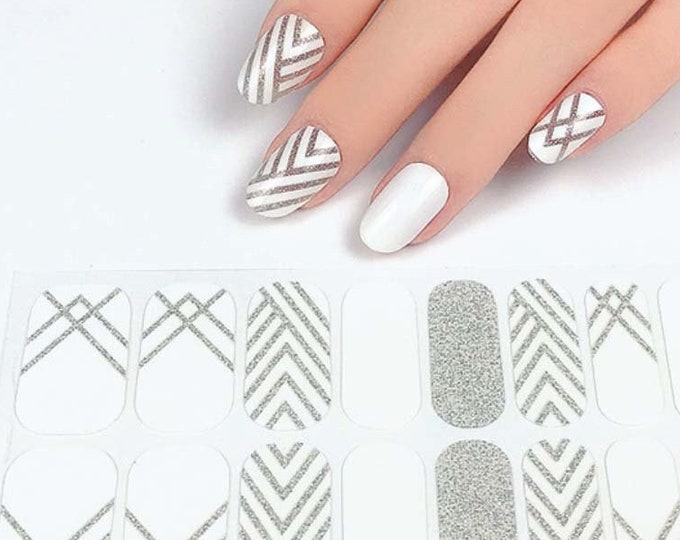 White Silver Glitter Nail Wraps / Abstract Stripe Nail Polish Strips / Boho Solid Nail Stickers / Swirl Neutral Line Women Nail Wraps