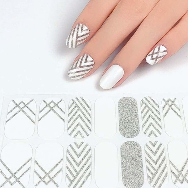 White Silver Glitter Nail Wraps / Abstract Stripe Nail Polish Strips / Boho Solid Nail Stickers / Swirl Neutral Line Women Nail Wraps