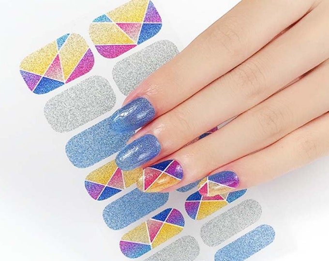 Hologram Geometric Abstract Nail Stickers / Rainbow Ombre Glitter Nail Strips / Blue Silver Kaleidoscope Nail Wraps / Pop Modern Boho Nails