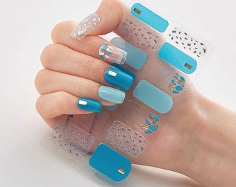 Blue Beach Nail Wraps / Ocean Sea Star Nail Polish Strips / Gold Silver Glitter Overlay Nail Stickers / Spring Summer Transparent Nail Wraps