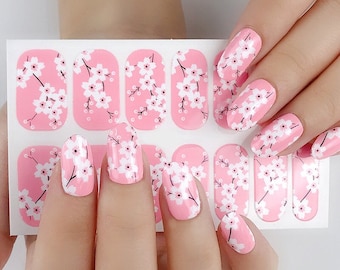 Japanese Cherry Blossom Nail Wraps / Pink Flower Floral Nail Polish Strips / Spring Pastel Nail Stickers / Sakura Nail Wraps / Hot Pink Nail