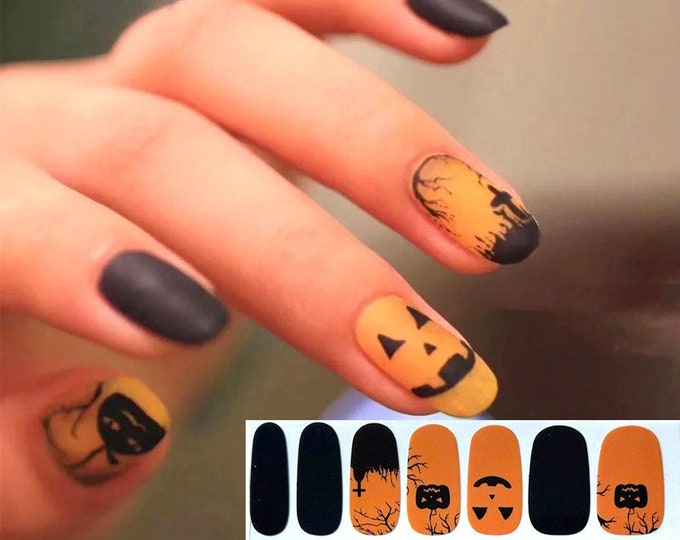 Orange Pumpkin Halloween Nail Wraps / Cartoon Pumpkin Nail Polish Strips / Horror Black Fall Nail Wraps / Dark Autumn Nail Stickers