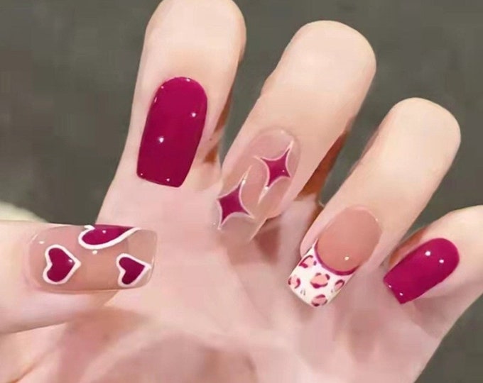Valentine Nail Wraps / Red Hearts Burgundy Nail Polish Strips Women / Valentines Day Nail Stickers / French Tip Overlay Leopard Nail Wraps