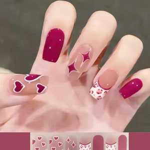 Valentine Nail Wraps / Red Hearts Burgundy Nail Polish Strips Women / Valentines Day Nail Stickers / French Tip Overlay Leopard Nail Wraps image 1