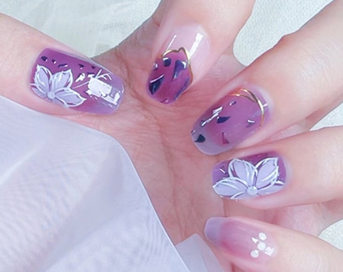 White Flower Purple Nail Wraps / Daisy Floral Nail Polish Strips / Women Lilac Overlay 3D Nail Stickers / Elegant Pastel Spring Nail Wraps