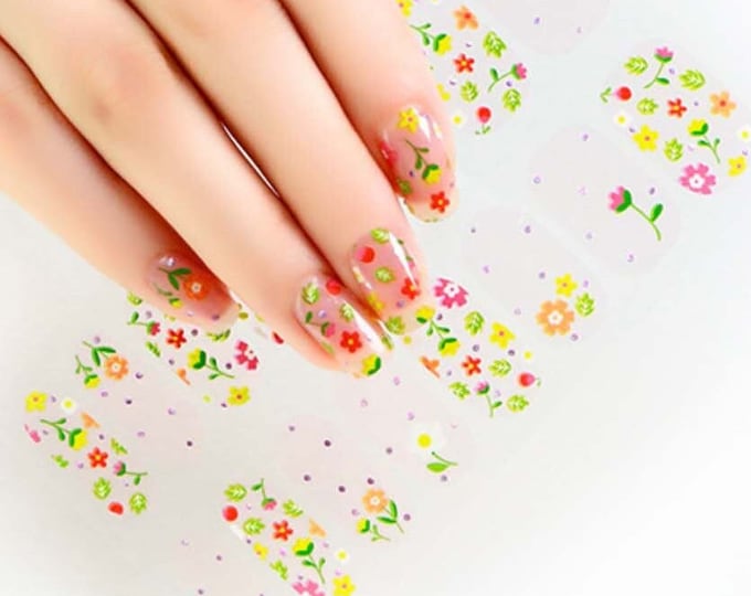 Spring Flower Blossom Nail Wraps / Pink Overlay Floral Nail Polish Strips / Daisy Tulip Rose Nail Stickers / Cute Polka Dot Women Nail Wraps