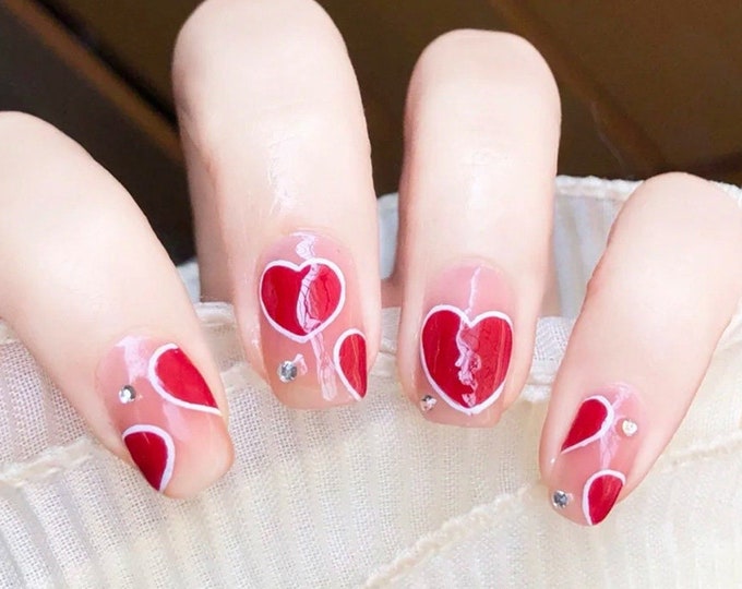 Valentine Nail Wraps / 3D Pink Red Hearts Love Nail Polish Strips Women / Valentines Day Nail Stickers / Cute Solid Nail Wraps Free Shipping