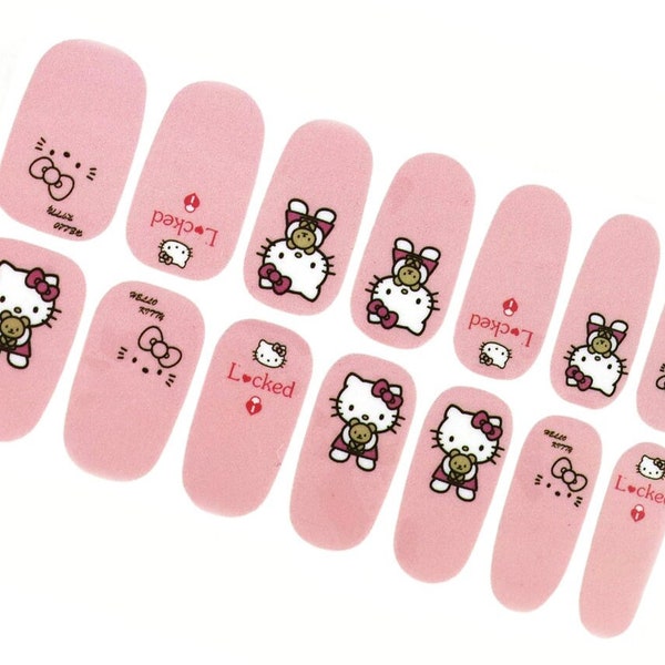 Cute Pink Nail Wraps / Cat Hello Kitty Nail Polish Strips / Kids Cartoon Kawaii Nail Stickers / Japan Animal Valentines Day Nail Wraps