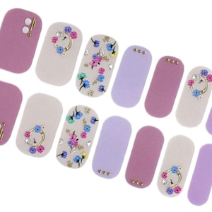 Purple Nail Wraps / Flower Floral Nail Polish Strips / Women Lilac Gold 3D Nail Stickers / Color Kpop Korean Spring Nail Wraps Free Shipping