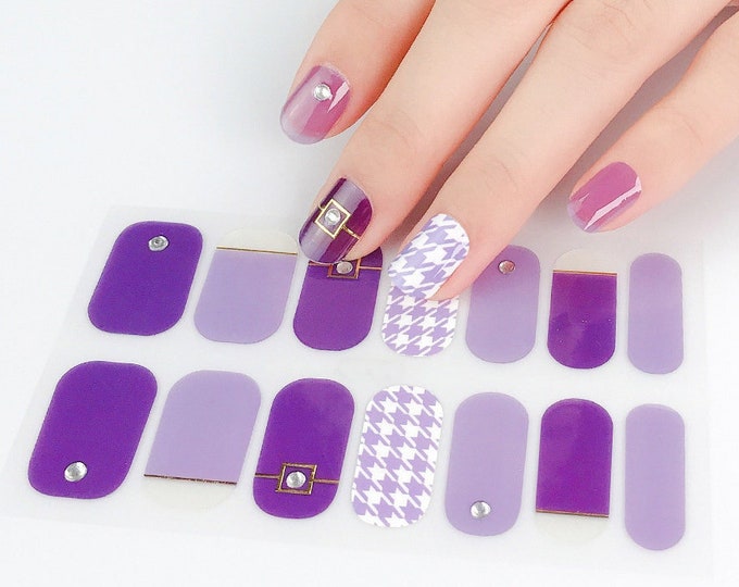Purple Lilac Nail Wraps / Transparent Overlay Gold Nail Polish Strips / 3D Houndstooth Check Nail Stickers / Plaid Nail Wraps Free Shipping