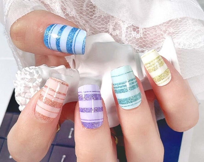 Spring Pastel Stripes Nail Wraps / Cute Modern Glitter Nail Polish Strips / Solid Color Pink Lilac Blue Yellow Summer Nail Stickers Women