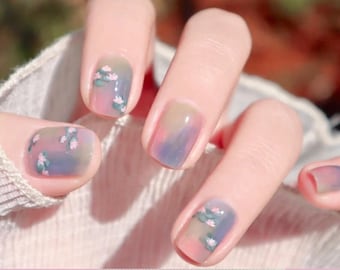Pink Aqua Blue Abstract Ombre Nail Wraps / Monet Water Lilies Nail Polish Strips / Painting Flower Floral Spring Pastel Women Nail Stickers