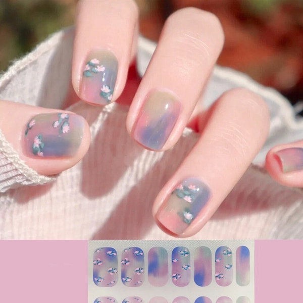 Pink Aqua Blue Abstract Ombre Nail Wraps / Monet Water Lilies Nail Polish Strips / Painting Flower Floral Spring Pastel Women Nail Stickers