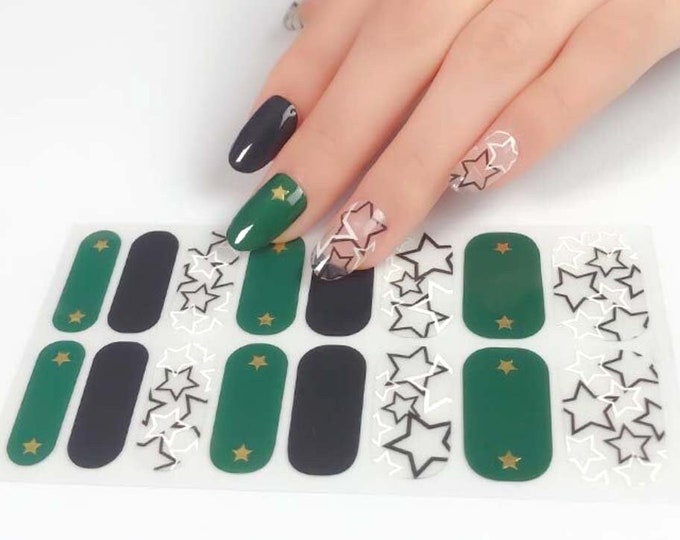 Black Green Stars Nail Wraps / Transparent Translucent Overlay Nail Polish Strips / Gold Star Nail Sticker / Modern Kpop Dark Punk Nail Wrap