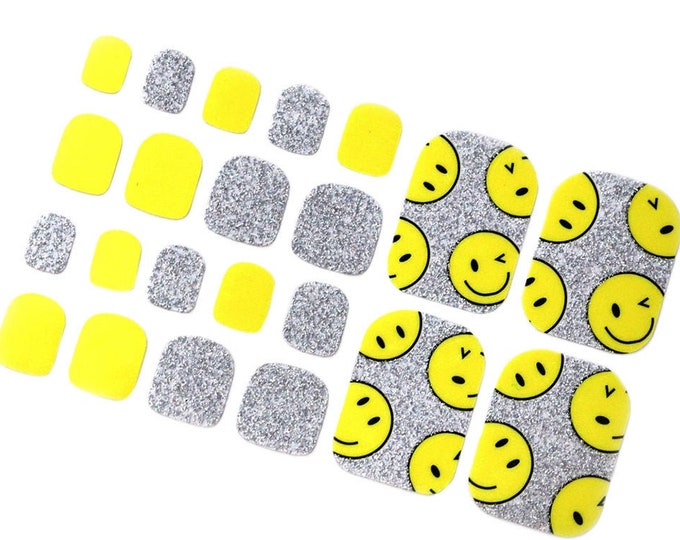 Yellow Cute Toe Nail Wraps / Smiley Face Kawaii Toe Nail Polish Strips / Silver Glitter Kids Nail Stickers / Pedicure Nail Wraps for Toes