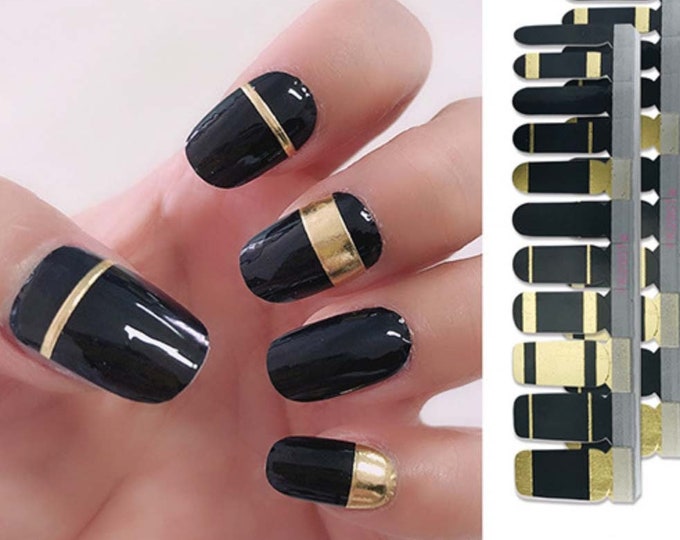 Black Gold Stripe Nail Wraps / Modern Abstract Nail Polish Strips / Geometric Dark Nail Sticker / Solid Color Nail Wraps - Premium Design