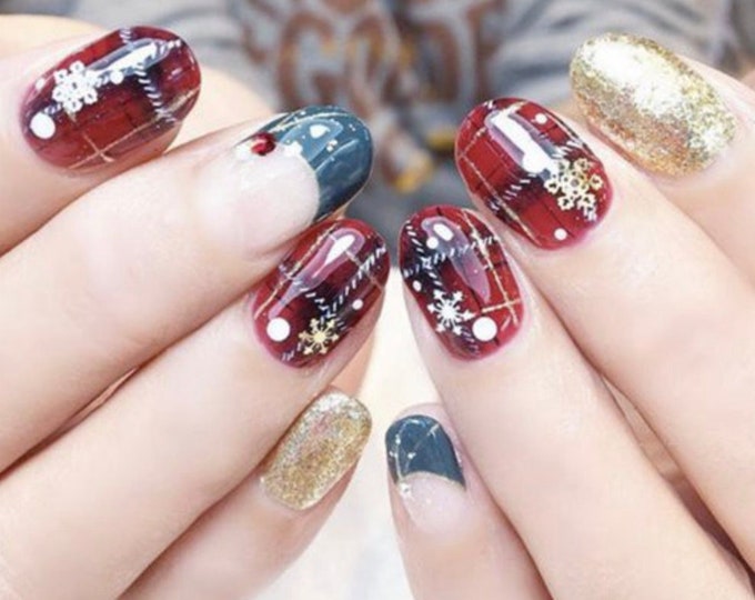 Christmas Snowflake Nail Wraps / Burgundy Red Holiday Nail Strips / 3D Gold Glitter Winter Nail Stickers / Plaid Check Nail Polish Strips