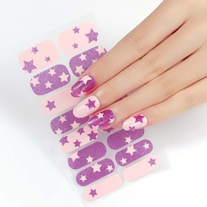 Pink Purple Stars Nail Wraps / Pastel Glitter Nail Polish Strips / Punk Lucky Star Nail Sticker / Spring Summer Cute Modern Kpop Nail Wrap