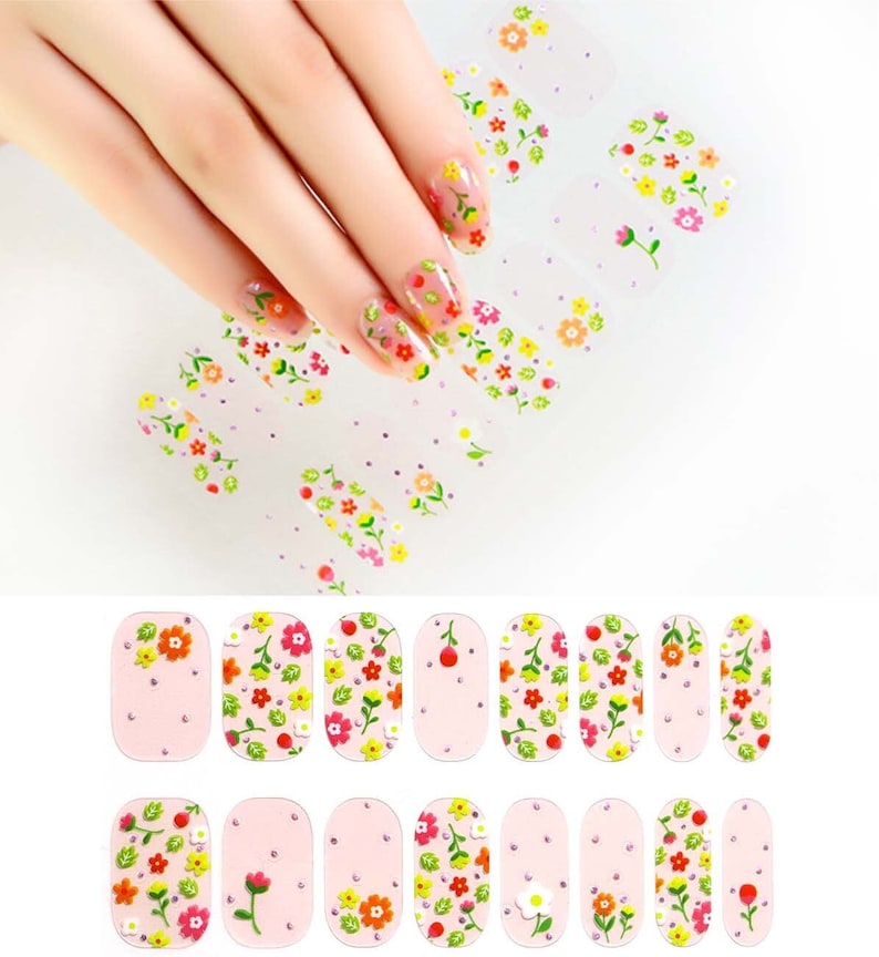 Spring Flower Blossom Nail Wraps / Pink Overlay Floral Nail Polish Strips / Daisy Tulip Rose Nail Stickers / Cute Polka Dot Women Nail Wraps image 1