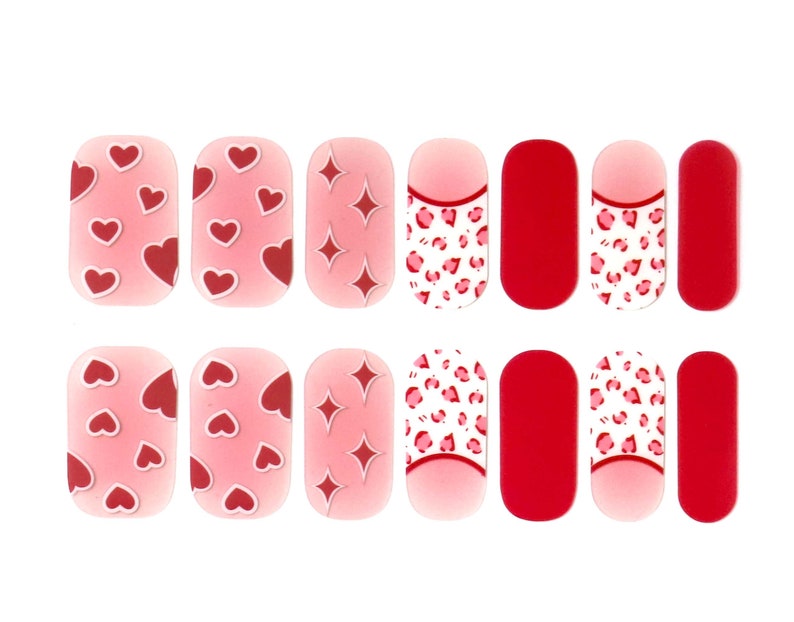 Valentine Nail Wraps / Red Hearts Burgundy Nail Polish Strips Women / Valentines Day Nail Stickers / French Tip Overlay Leopard Nail Wraps image 3