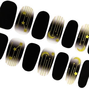Dark Sky Stars and Moon Nail Wraps / Black Ombre Nail Polish Strips / Gold Glitter Nail Stickers / Starburst Zodiac Manicure Nail Wraps