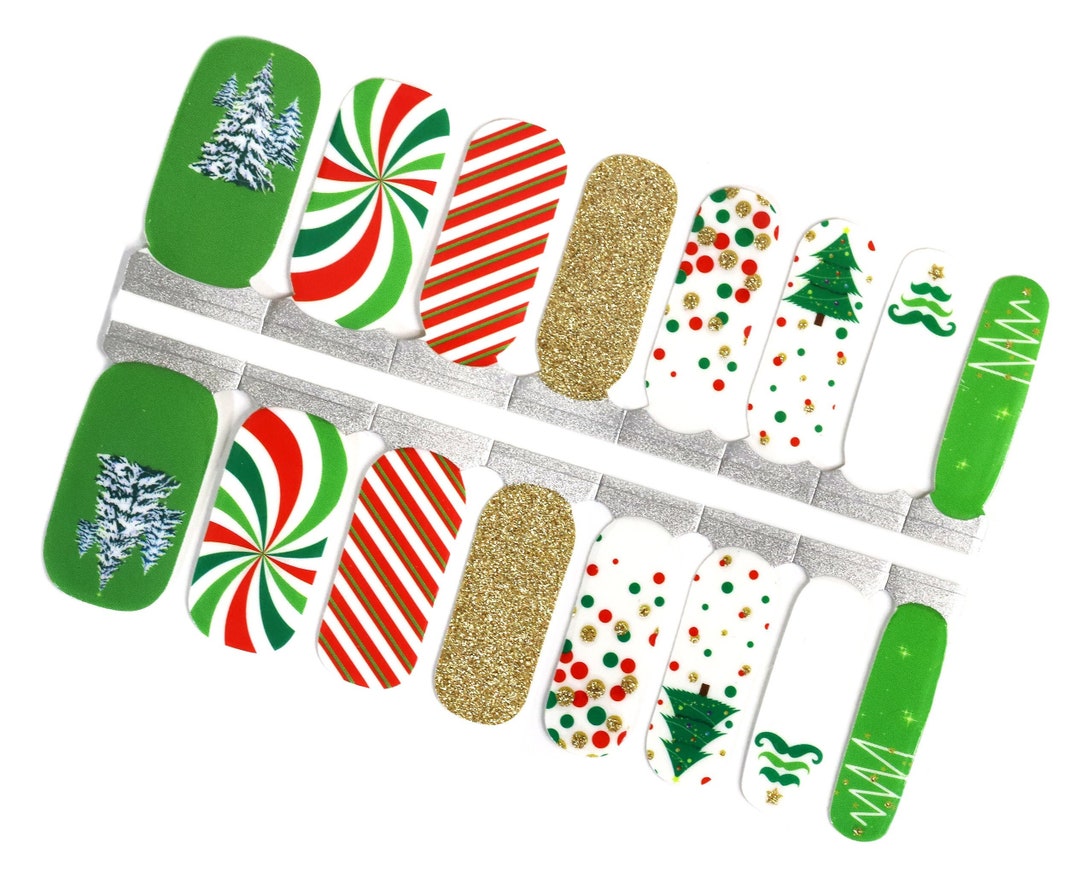 Christmas Tree Nail Wraps / Cute Green Red Gift Wrapper Nail Polish