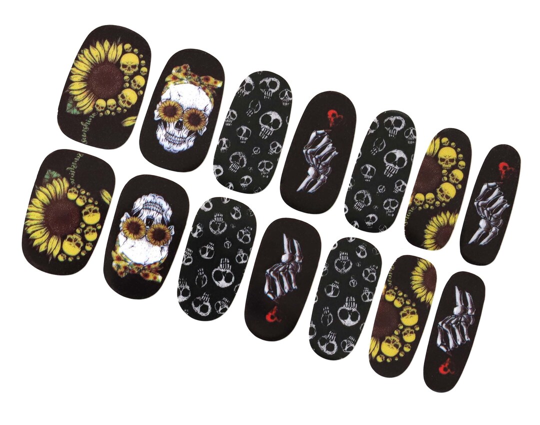 Black Halloween Nail Wraps / Sunflower Skull Nail Polish Strips / Dark