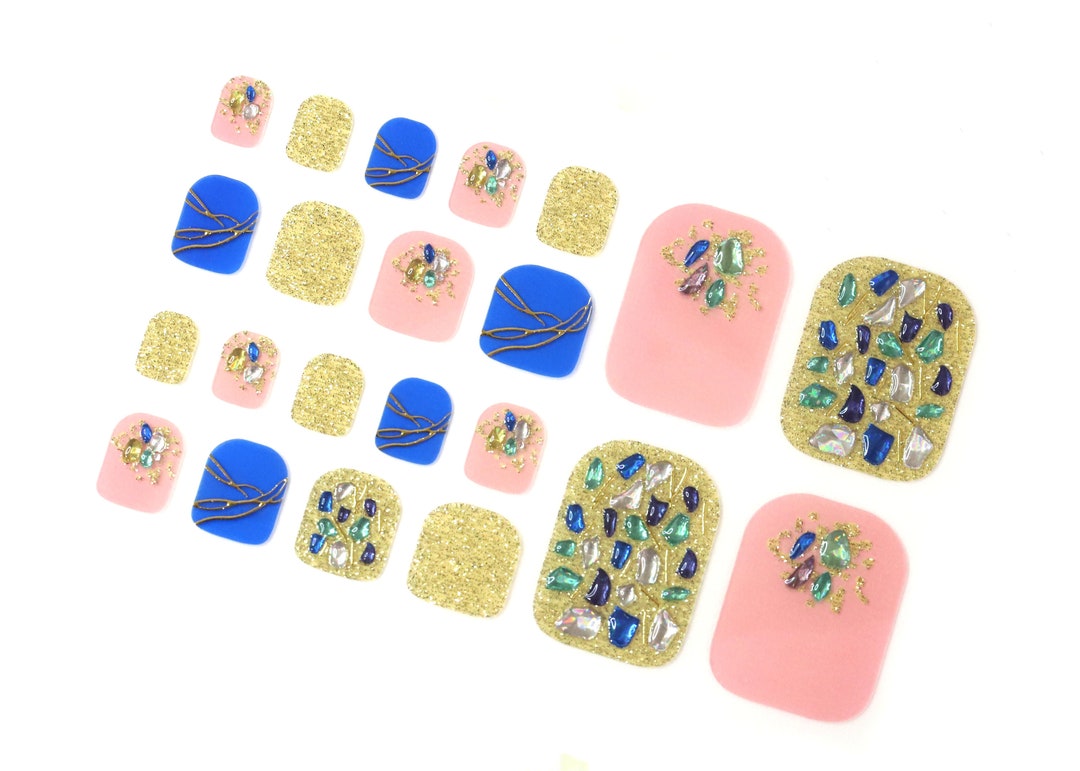 Glitter Toe Nail Wraps / Blue Gold Toe Nail Polish Strips / Exotic Toe