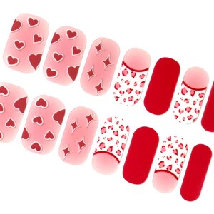 Valentine Nail Wraps / Red Hearts Burgundy Nail Polish Strips Women / Valentines Day Nail Stickers / French Tip Overlay Leopard Nail Wraps image 2