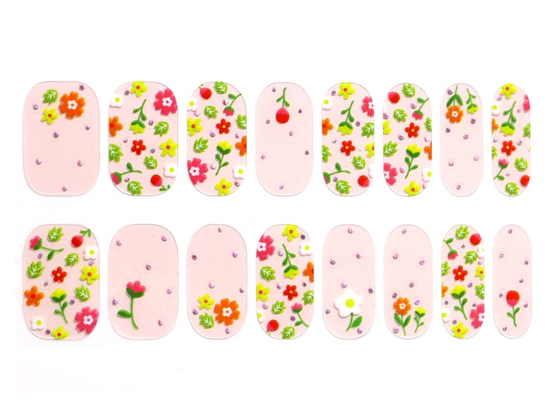 Spring Flower Blossom Nail Wraps / Pink Overlay Floral Nail Polish Strips / Daisy Tulip Rose Nail Stickers / Cute Polka Dot Women Nail Wraps image 3