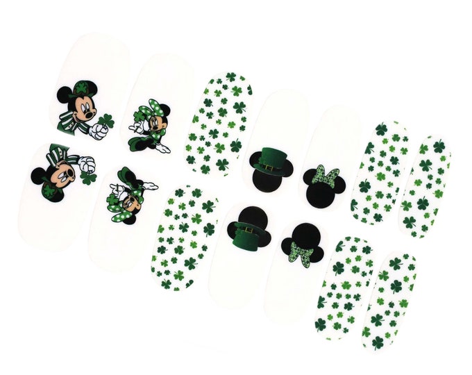 Green Mickey Mouse Nail Wraps / St Patricks Day Nail Polish Strips / Disney Irish Clover Shamrock Nail Stickers / Cute Animal Spring Nails