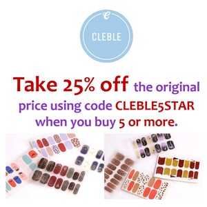 May include: Image of various nail art sticker designs. The stickers feature patterns like polka dots, plaid, and abstract shapes in colors such as red, brown, and purple. The brand name "CLEBLE" is displayed in a light blue circle. Text reads "Take 25% off..."
