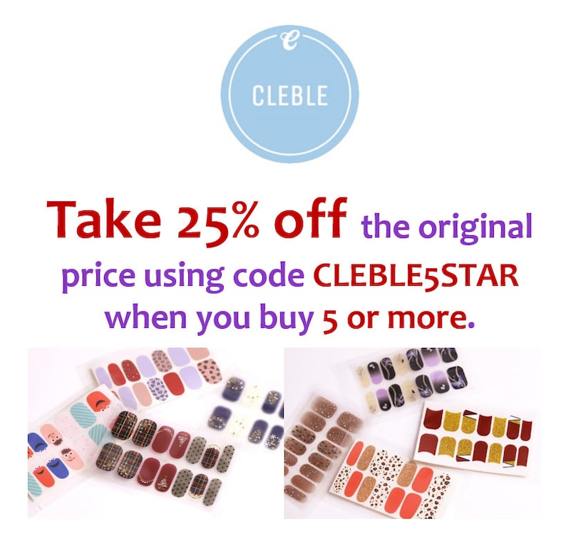 May include: Image of various nail art sticker designs. The stickers feature patterns like polka dots, plaid, and abstract shapes in colors such as red, brown, and purple. The brand name "CLEBLE" is displayed in a light blue circle. Text reads "Take 25% off..."