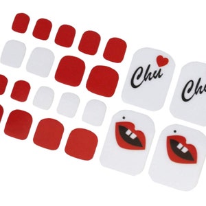 Valentines Day Toe Nail Wraps / Red White Hearts Toe Nail Polish Strips / Lip Kiss Women Nail Stickers / Pedicure Nail Wraps Free Shipping