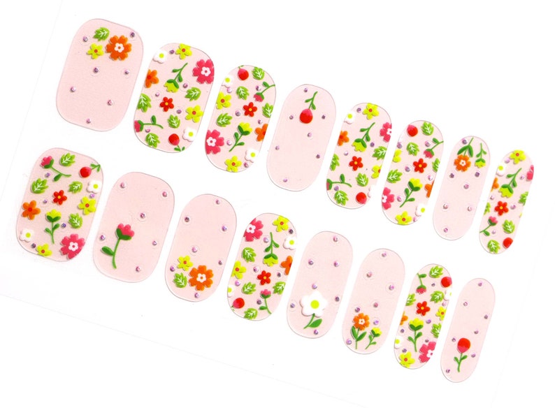 Spring Flower Blossom Nail Wraps / Pink Overlay Floral Nail Polish Strips / Daisy Tulip Rose Nail Stickers / Cute Polka Dot Women Nail Wraps image 2