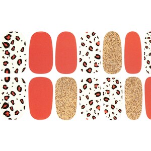 May include: Nail art strips featuring a variety of designs. The strips include solid coral, gold glitter, and white with red leopard print patterns. These nail art strips are designed for easy application and a stylish manicure.