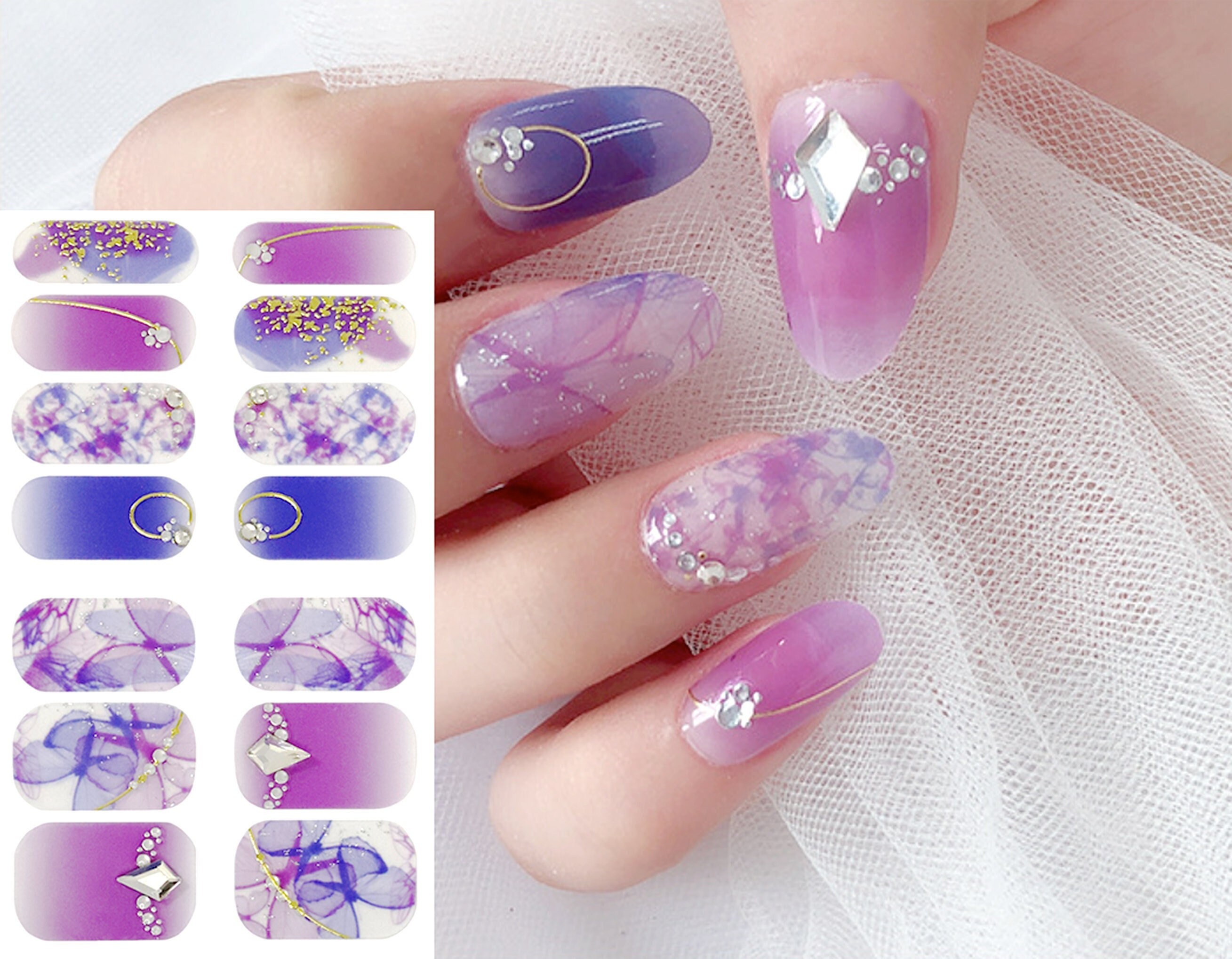 Purple Butterfly Lace Overlay Nail Wraps / 3D Rhinestone Lilac Ombre Nail  Strips / Gold Glitter Floral Flower Nail Stickers - Premium Design