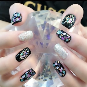 Schwarze Nail Wraps / Glitzernde 3D Nagelstreifen / Gem Nail Wraps mit Strass / Koreanische Nail Wraps / Silvester Nail Wraps Kostenloser Versand für UNS