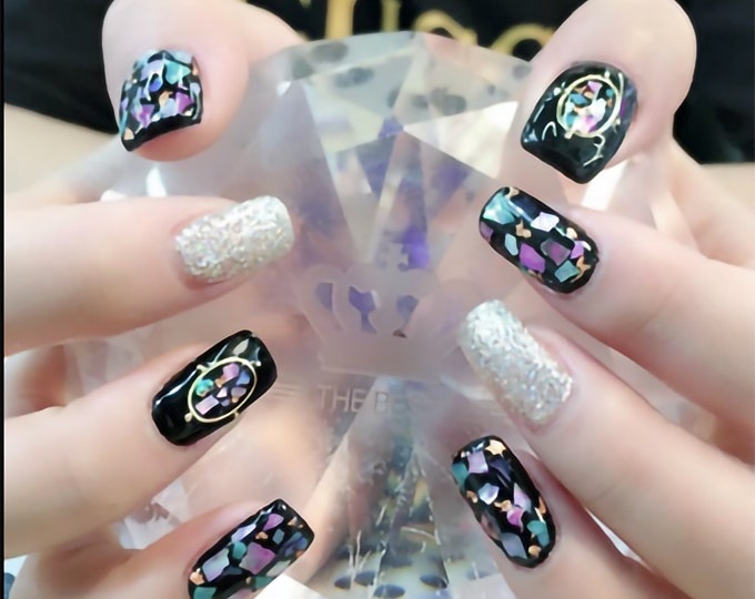 Black Nail Wraps / Sparkly 3D Nail Strips / Gem Nail Wraps with Rhinestones / Korean Nail Wraps / New Years Nail Wraps Free Shipping for US