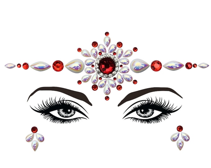 Pearl Ruby Flower Face Gems / Halloween Queen / Festival Face Crystal Stickers Red Rhinestone / Crown Face Sticker / Coachella Goddess